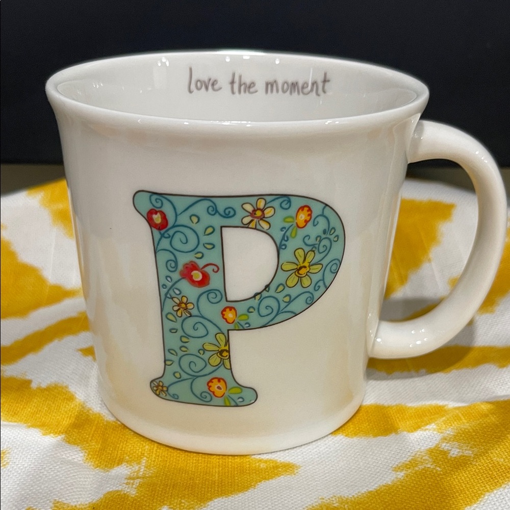Floral Initial 'P' White Mug, NEW, Natural Life Brand